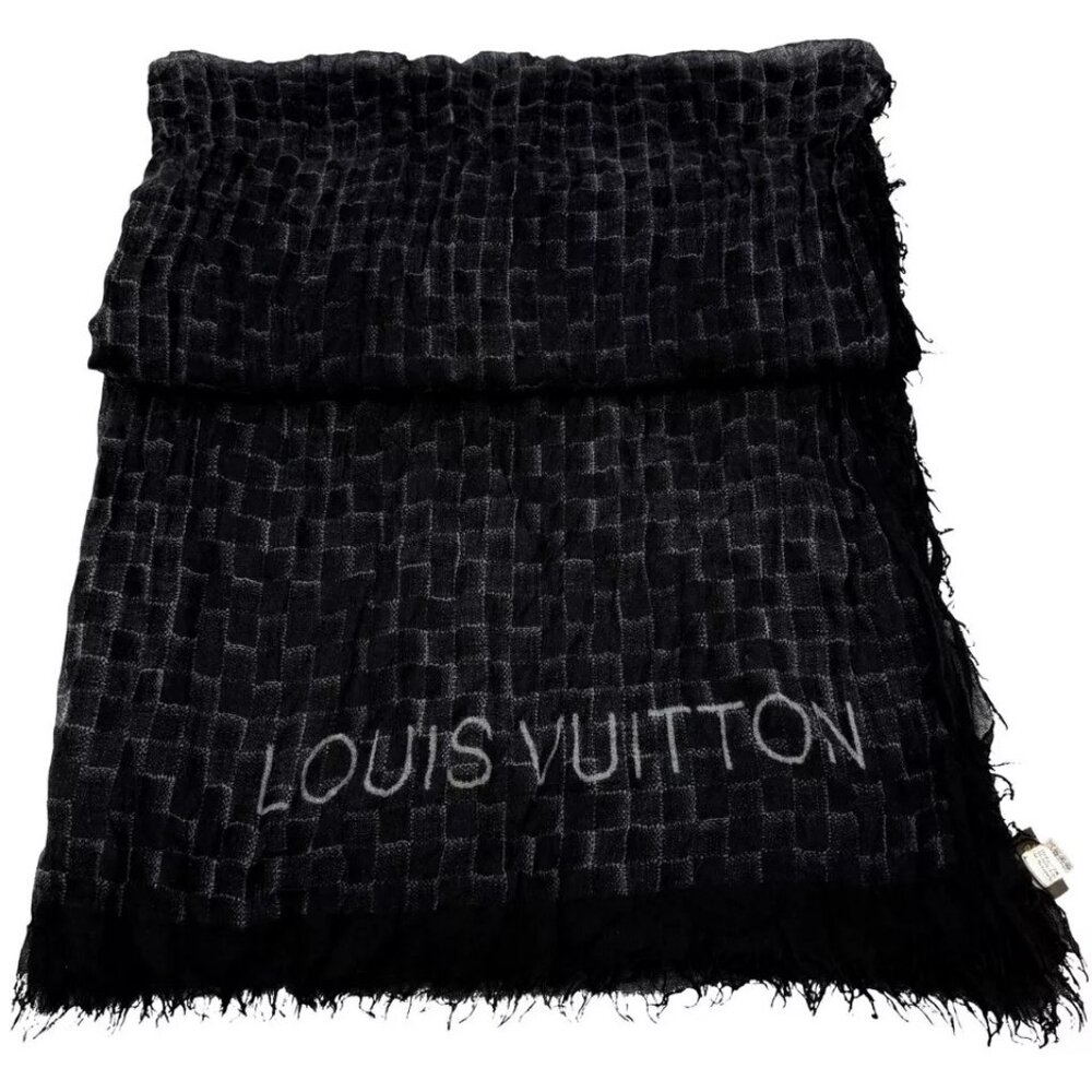 Authentic LOUIS VUITTON Large Scarf Damier Pattern Black Cashmere - Picture 8 of 16